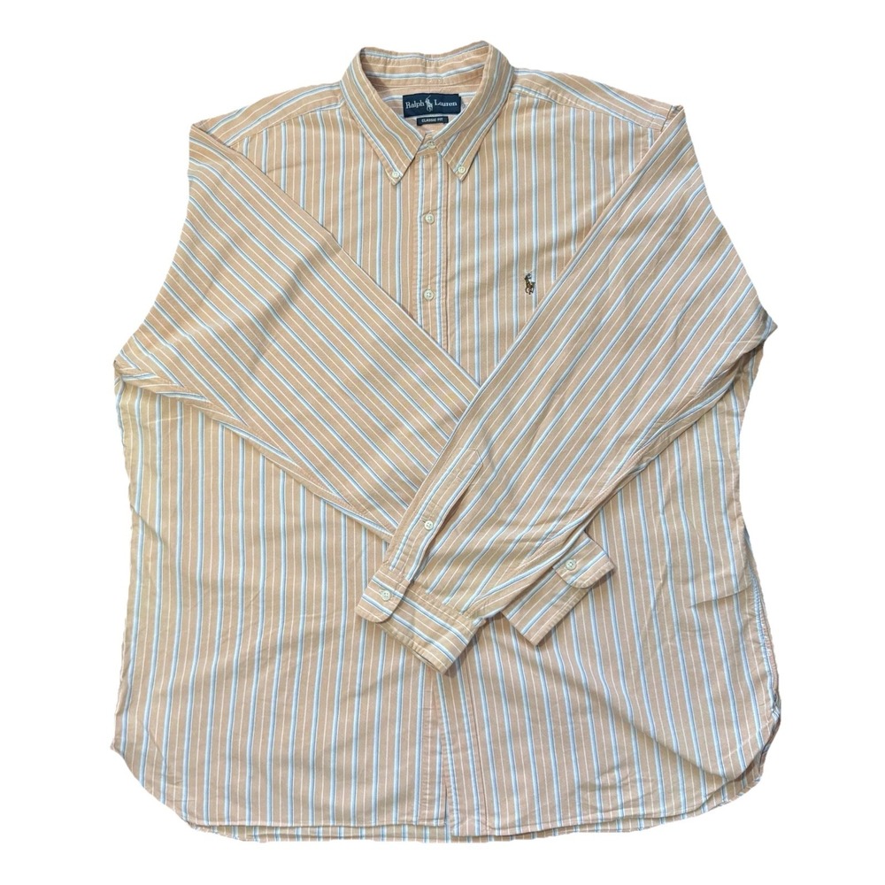 Ralph Lauren Classic Fit Striped Shirt Orange White Blue Long Sleeve Men's L